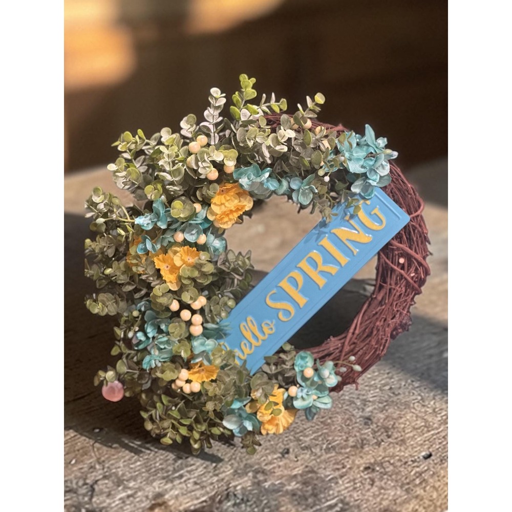 Colorful Spring Wreath; Faux Floral Door Accent; Turquoise and Yellow Wreath